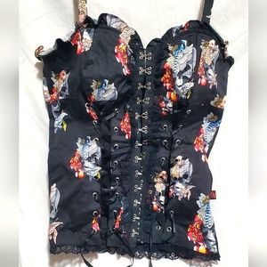 Black Skulls Corset front hooks, lace, ribbons size M adjustable